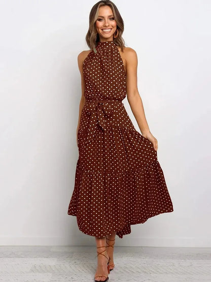 Vestido cuello halter, sin mangas, estampado de lunares, con cordones