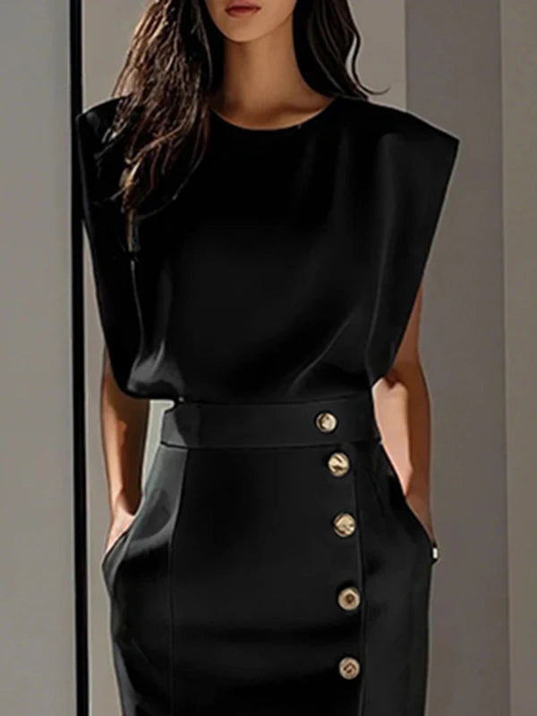 Vestido urbano holgado para mujer, color liso, sin mangas, cuello redondo