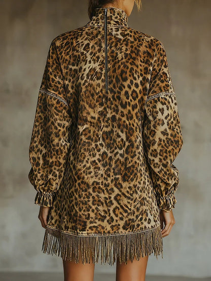 Vestido mini con estampado de leopardo para mujer, manga farol, cuello alto, holgado