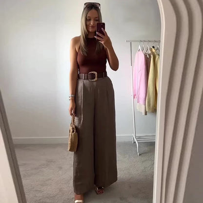 Pantalones HXAO para mujer, de cintura alta, anchos y con cinturón