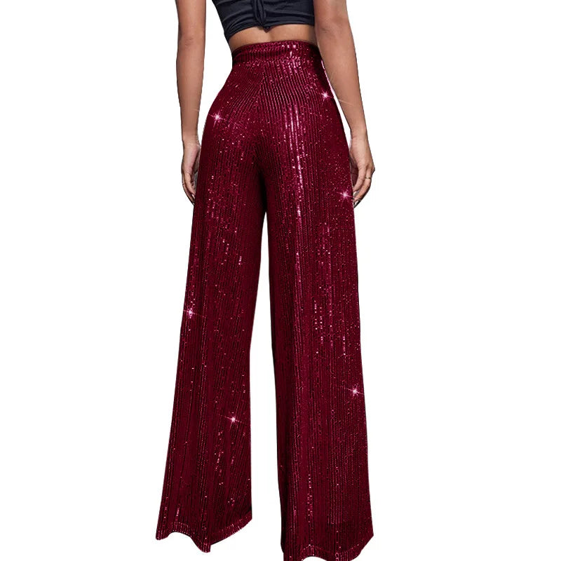 Pantalones acampanados de cintura alta con lentejuelas brillantes para mujer