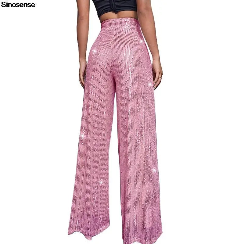 Pantalones acampanados de cintura alta con lentejuelas brillantes para mujer