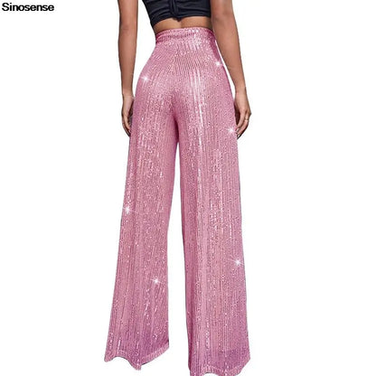 Pantalones acampanados de cintura alta con lentejuelas brillantes para mujer
