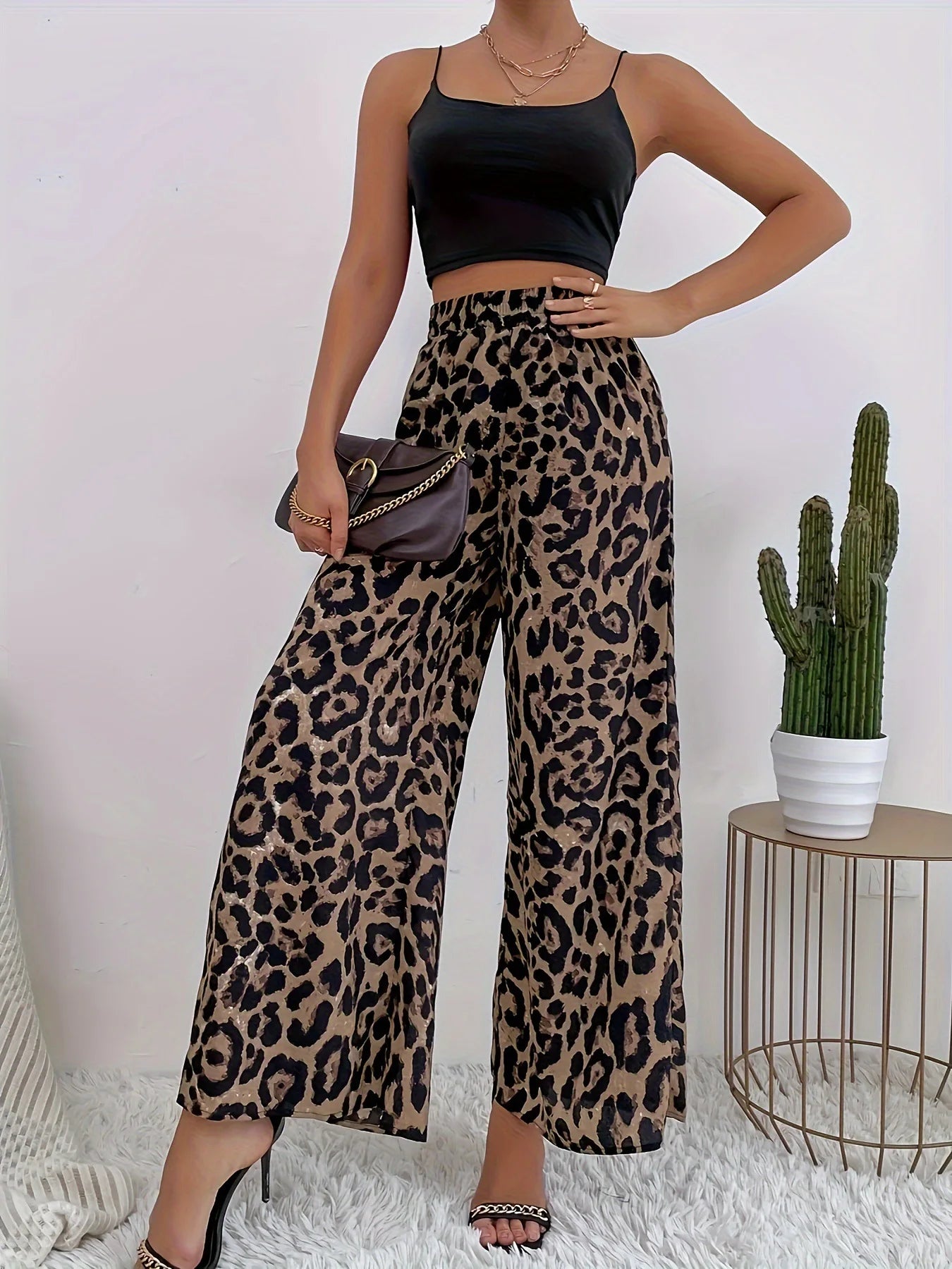 Pantalones anchos con cintura elástica y estampado de leopardo
