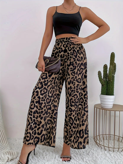 Pantalones anchos con cintura elástica y estampado de leopardo