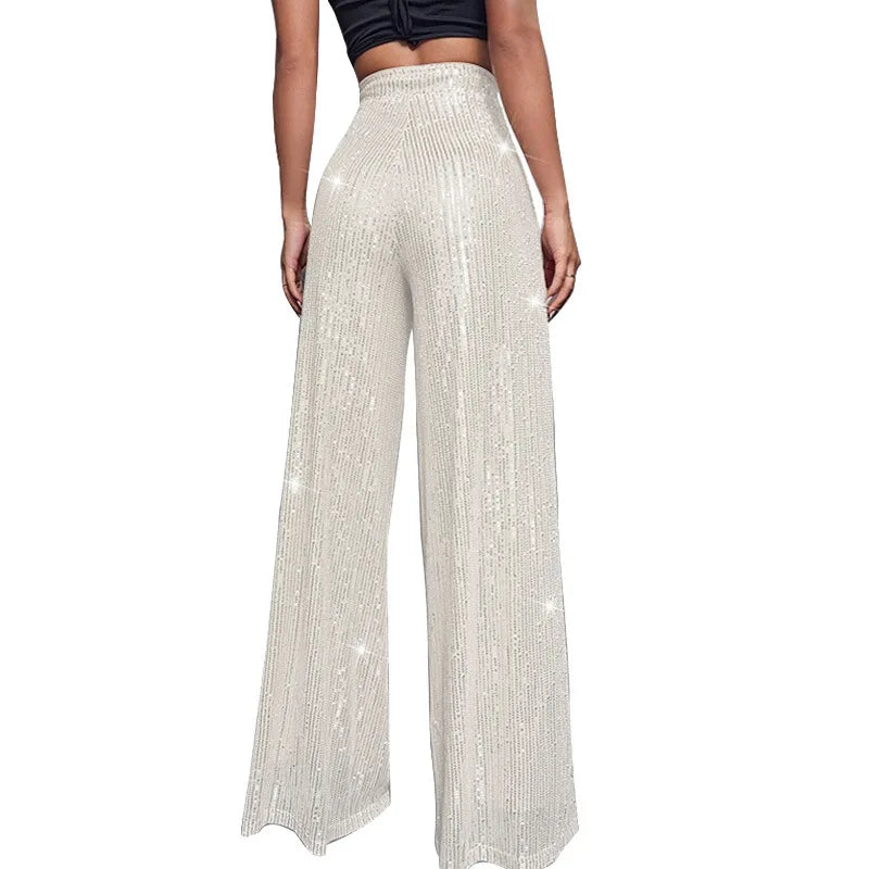 Pantalones acampanados de cintura alta con lentejuelas brillantes para mujer