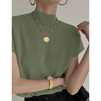 Blusa de punto con cuello alto, lisa, de manga corta