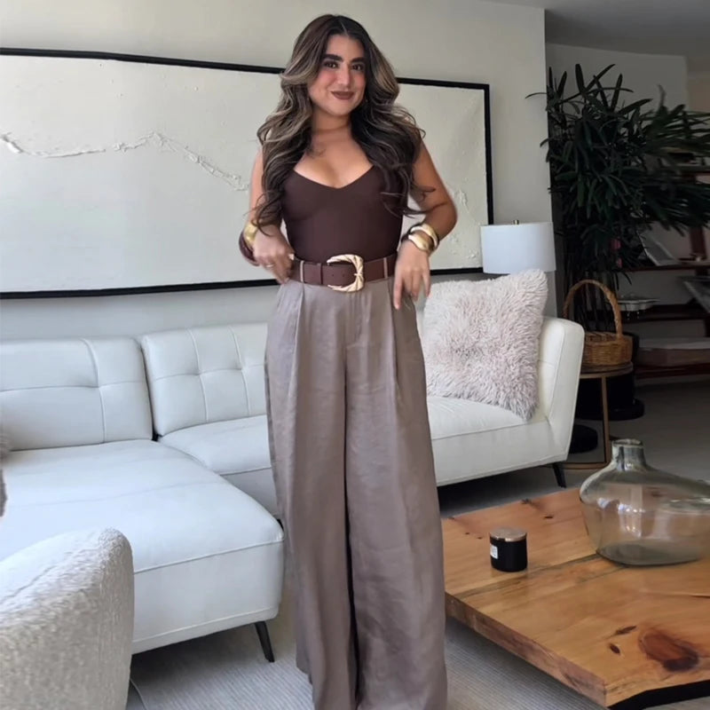 Pantalones HXAO para mujer, de cintura alta, anchos y con cinturón