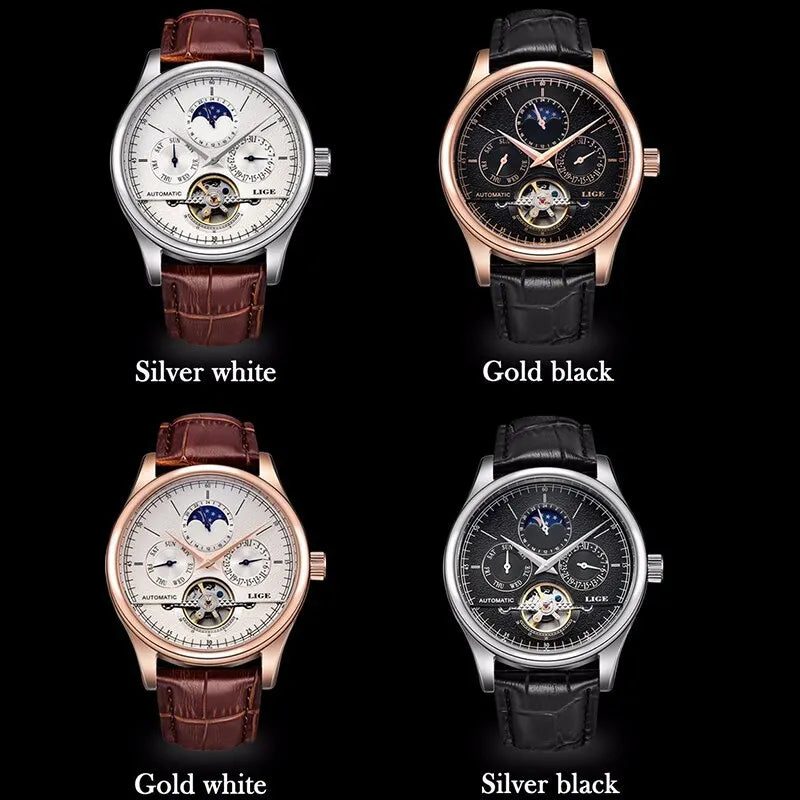 Relojes LIGE para hombre, Tourbillon, correa de cuero genuino, reloj impermeable