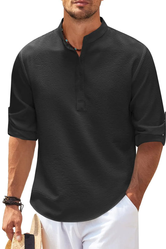 Camisa de Verano con Cuello Mao y Textura de Piña