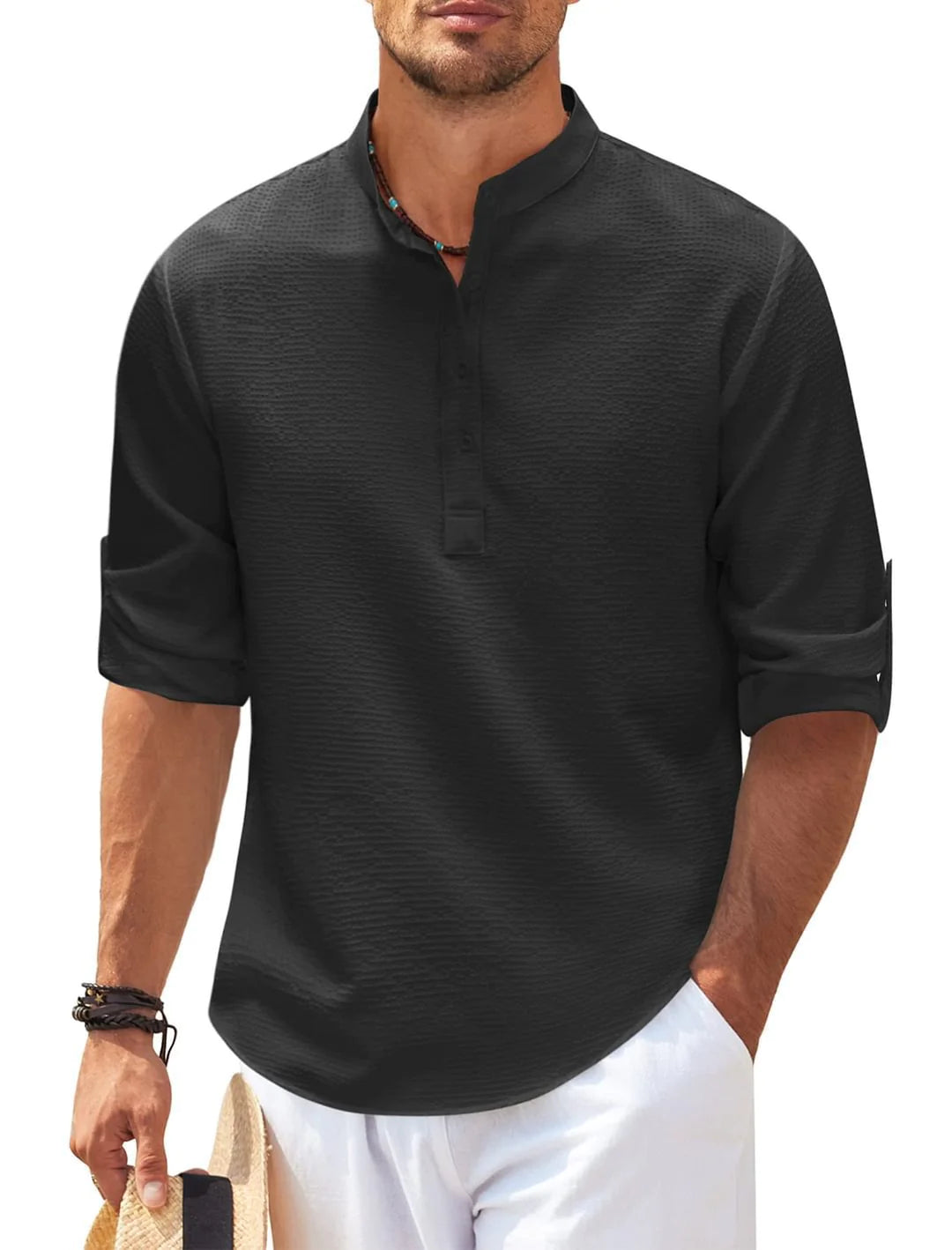 Camisa de Verano con Cuello Mao y Textura de Piña
