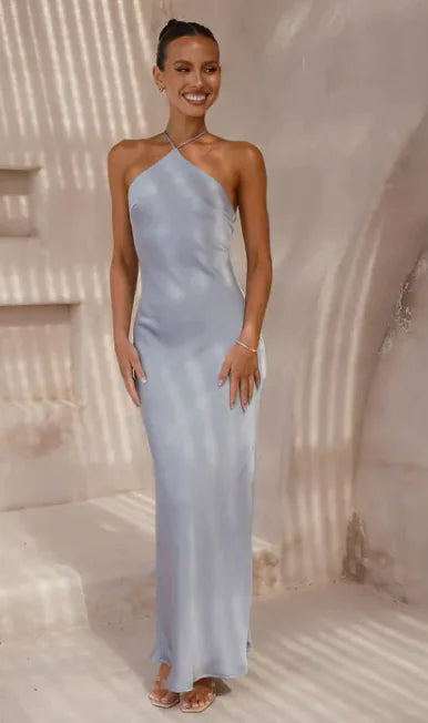 Vestido Elegante Sin Mangas con Escote Trasero color azul