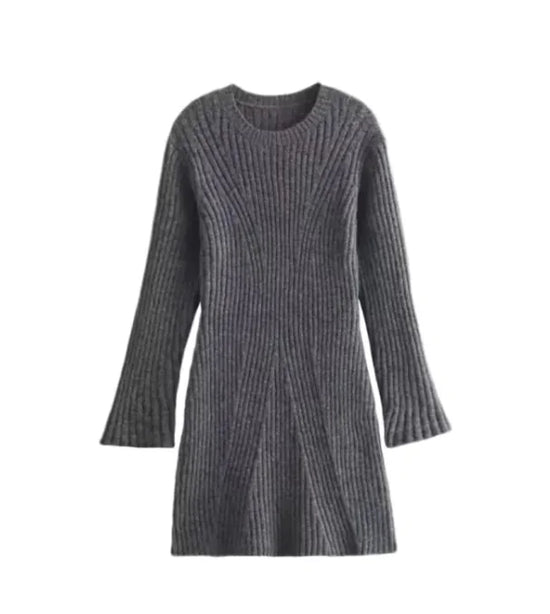 Vestido Redondo de Cuello Elegante y Ajustado para damas color gris
