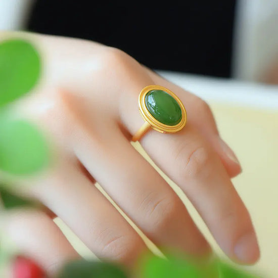 Anillo Retro de Jade Hetian Natural con Esmeralda para Mujer