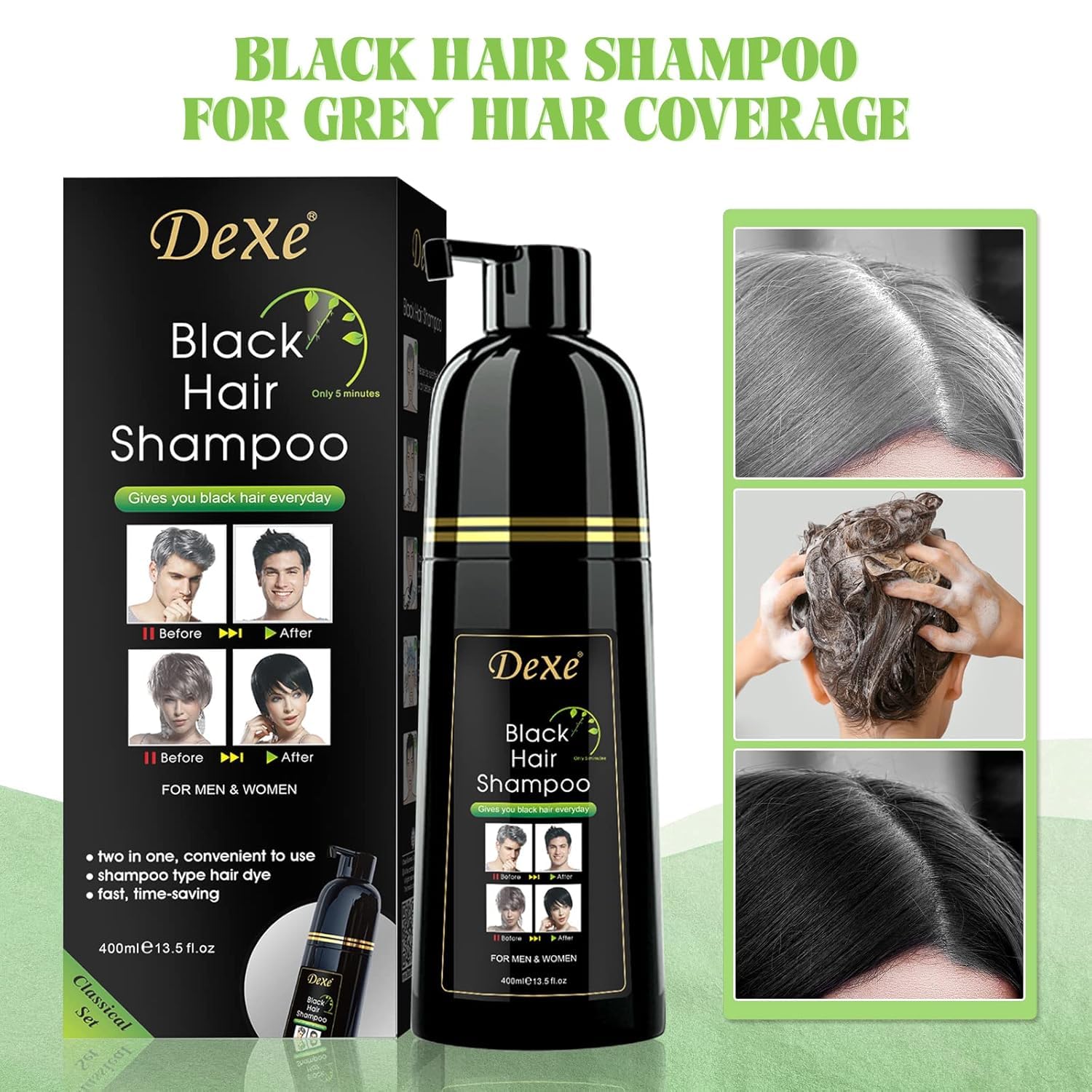 UniForU Champú Tinte de Cabello Negro 400ml Color Instantáneo por hasta 30 Días para Mujeres y Hombres