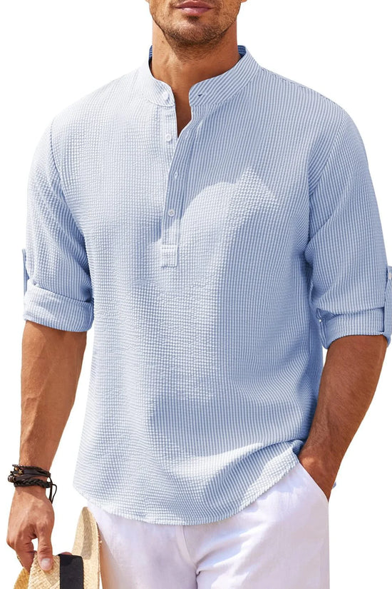 Camisa de Verano con Cuello Mao y Textura de Piña