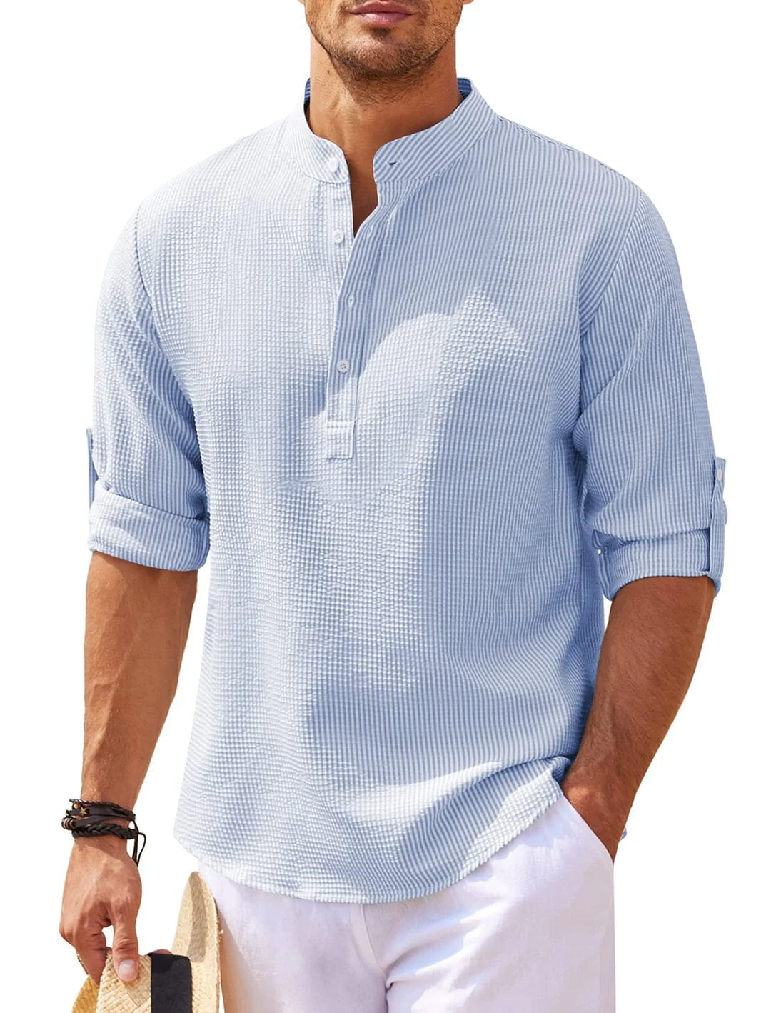 Camisa de Verano con Cuello Mao y Textura de Piña