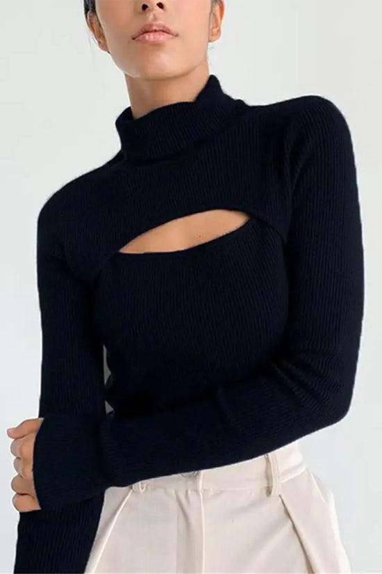 Suéter Mujer Estilo Y2K - Moda Coreana en poliéster negro con cuello alto y abertura frontal, ideal para otoño y estilo elegante casual.