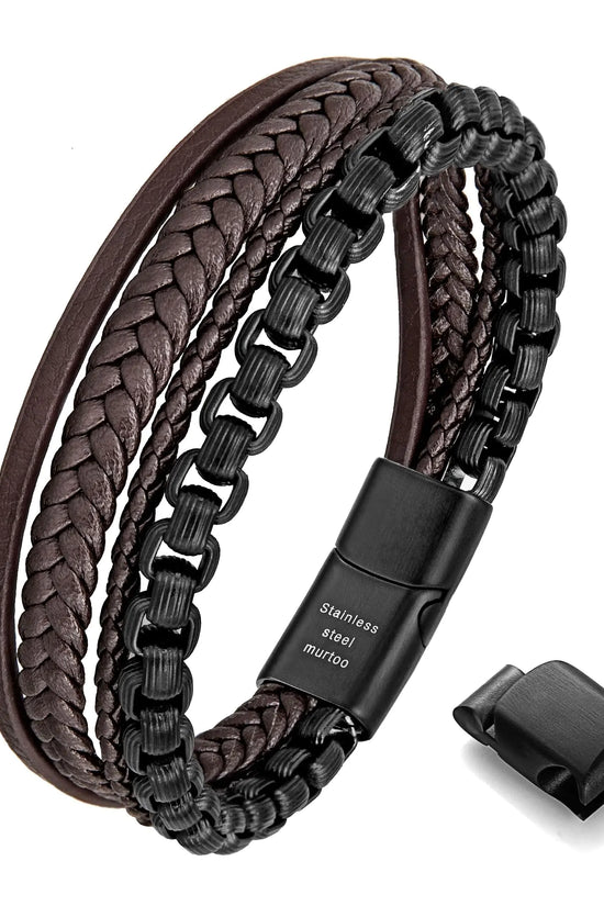 Pulsera para Hombre de Cuero y Cadena de Acero Inoxidable