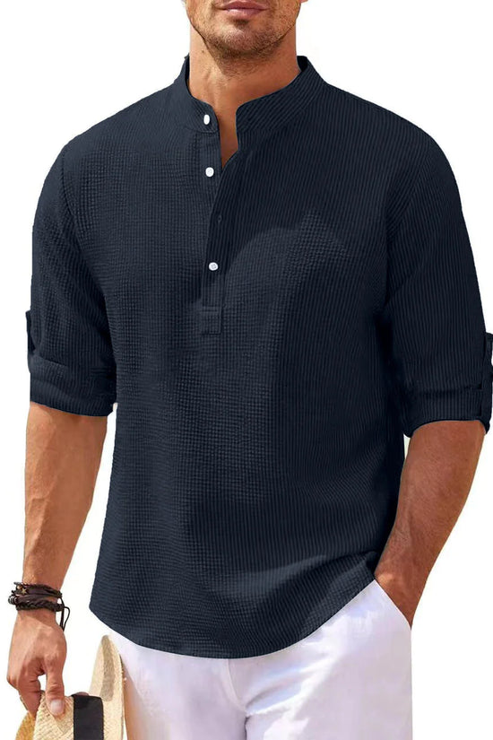 Camisa de Verano con Cuello Mao y Textura de Piña