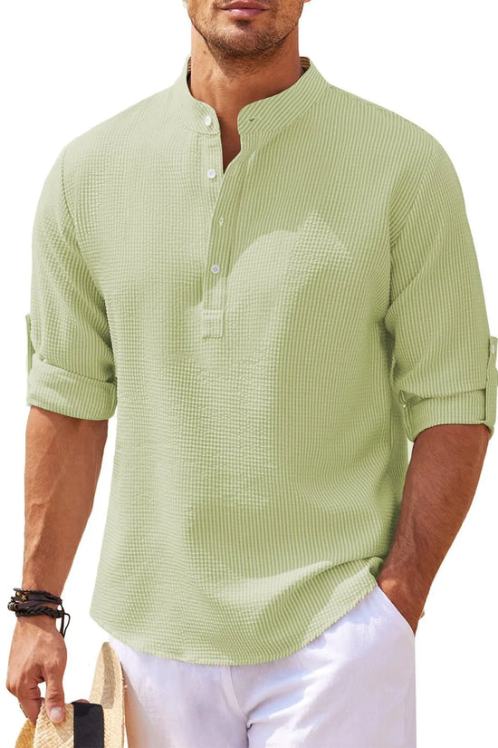 Camisa de Verano con Cuello Mao y Textura de Piña