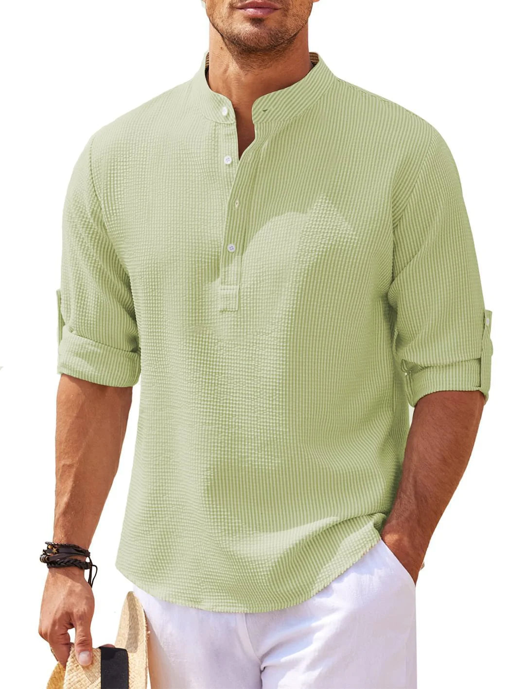 Camisa de Verano con Cuello Mao y Textura de Piña