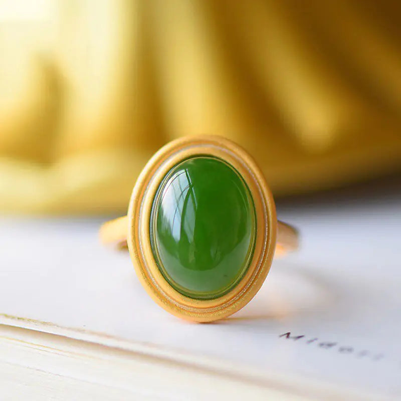 Anillo Retro de Jade Hetian Natural con Esmeralda para Mujer