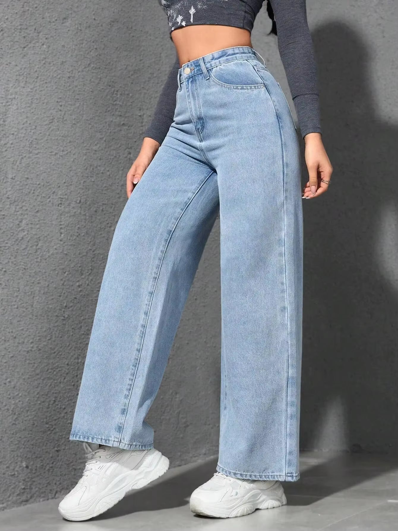Pantalones vaqueros para muje de mezclilla de pierna ancha, de cintura alta