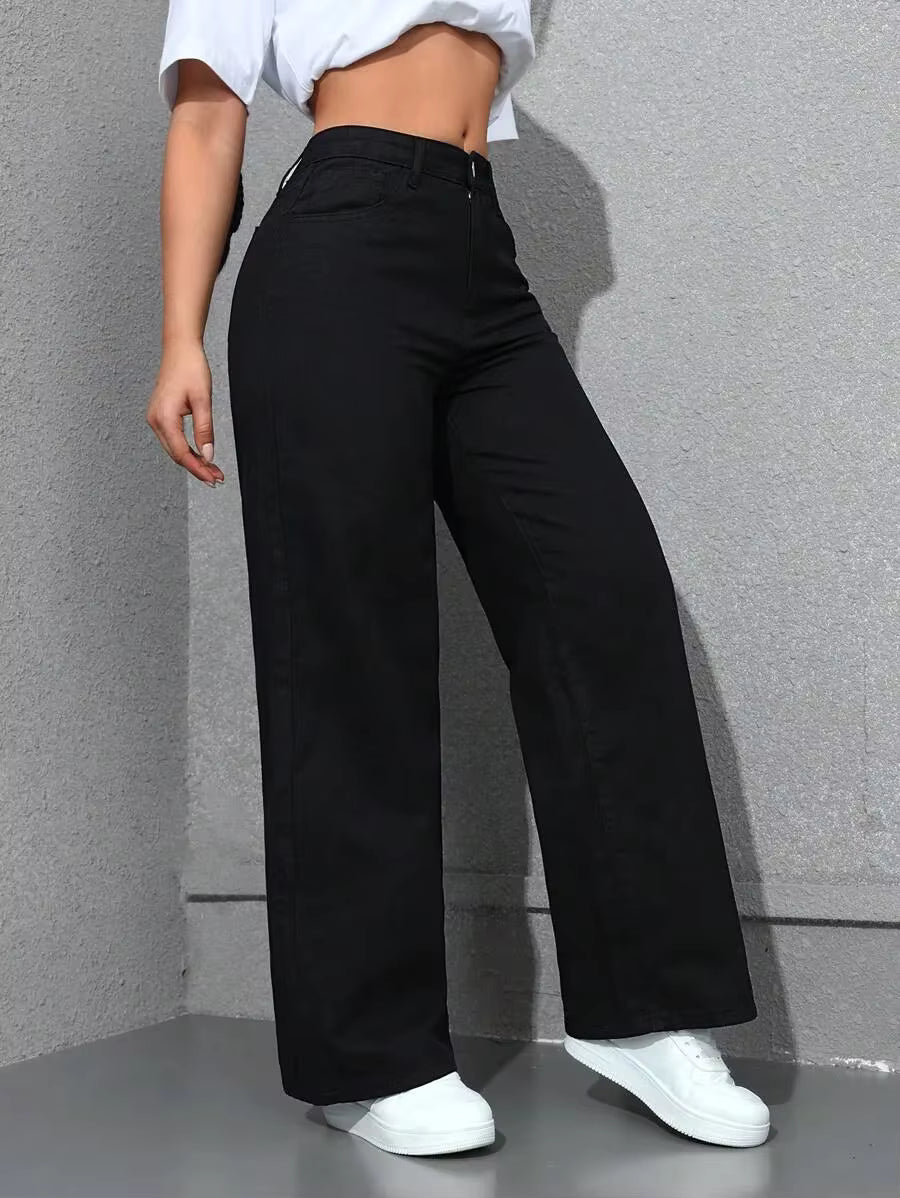 Pantalones vaqueros para muje de mezclilla de pierna ancha, de cintura alta