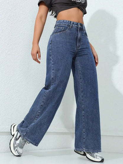 Pantalones vaqueros para muje de mezclilla de pierna ancha, de cintura alta