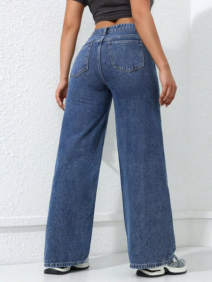 Pantalones vaqueros para muje de mezclilla de pierna ancha, de cintura alta