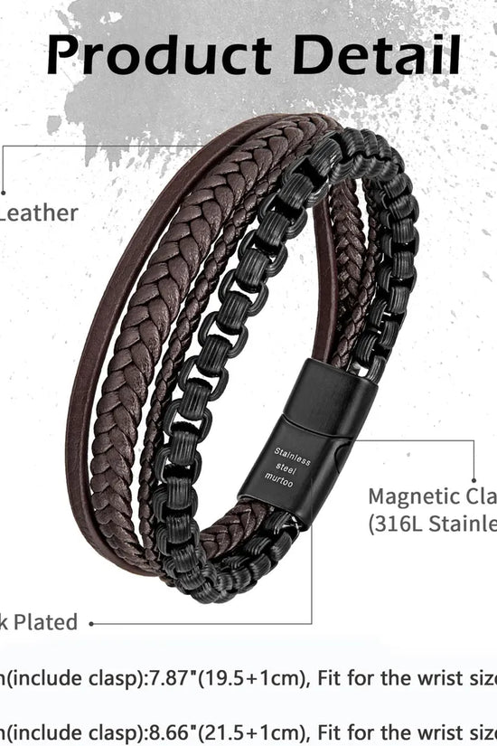 Pulsera para Hombre de Cuero y Cadena de Acero Inoxidable