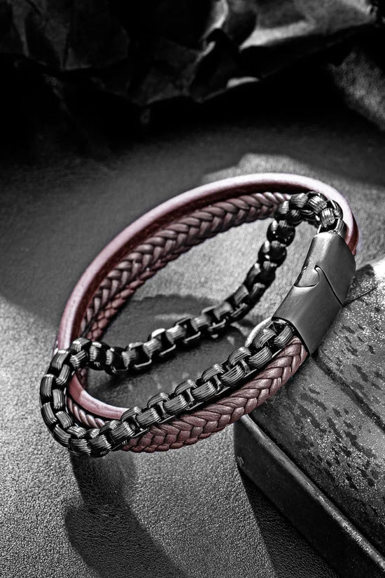 Pulsera para Hombre de Cuero y Cadena de Acero Inoxidable
