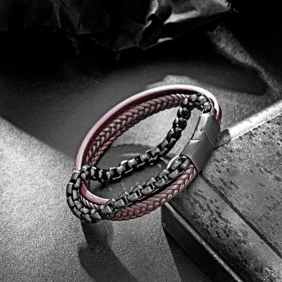 Pulsera para Hombre de Cuero y Cadena de Acero Inoxidable