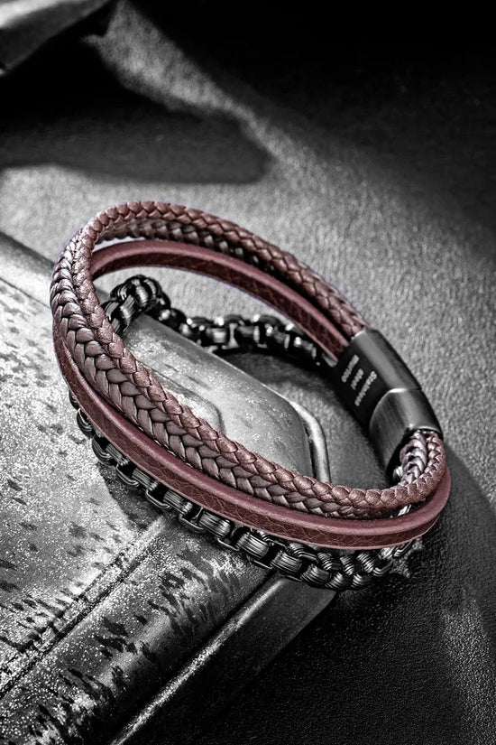 Pulsera para Hombre de Cuero y Cadena de Acero Inoxidable