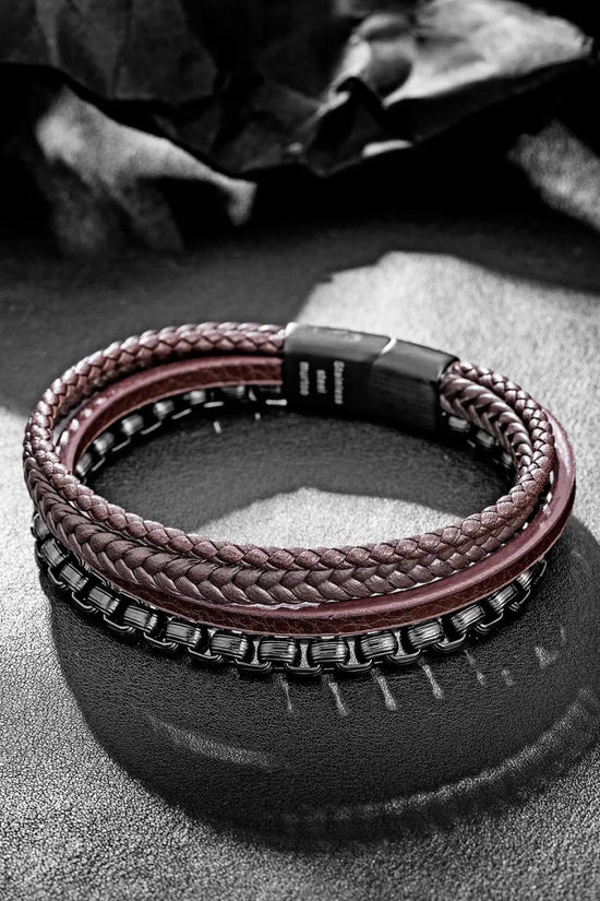 Pulsera para Hombre de Cuero y Cadena de Acero Inoxidable