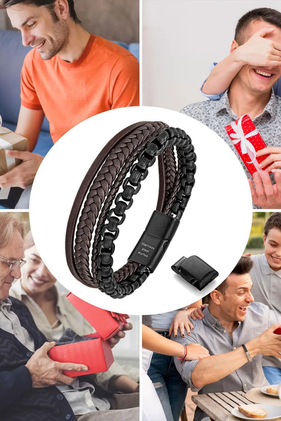 Pulsera para Hombre de Cuero y Cadena de Acero Inoxidable