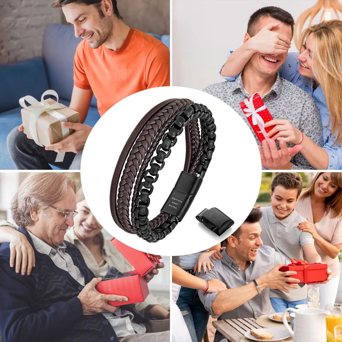 Pulsera para Hombre de Cuero y Cadena de Acero Inoxidable