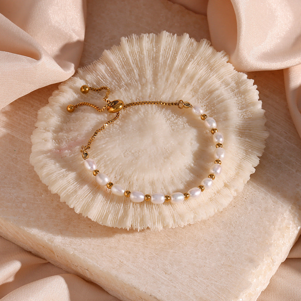 Pulsera Ajustable de Acero Inoxidable 18k con Perlas de Agua Dulce