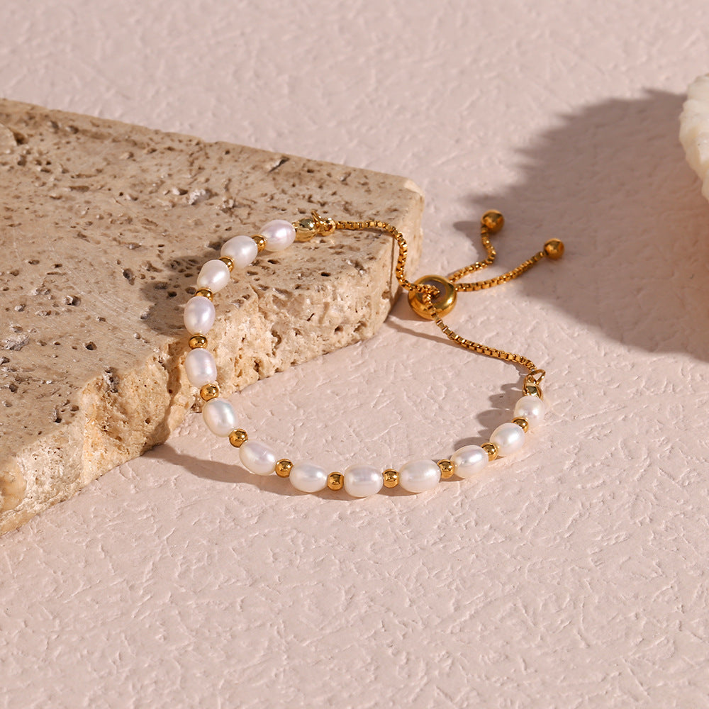 Pulsera Ajustable de Acero Inoxidable 18k con Perlas de Agua Dulce