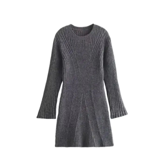 Vestido de Punto Acanalado Sólido de Moda, Cuello Alto