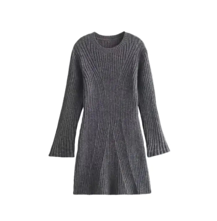 Vestido de Punto Acanalado Sólido de Moda, Cuello Alto