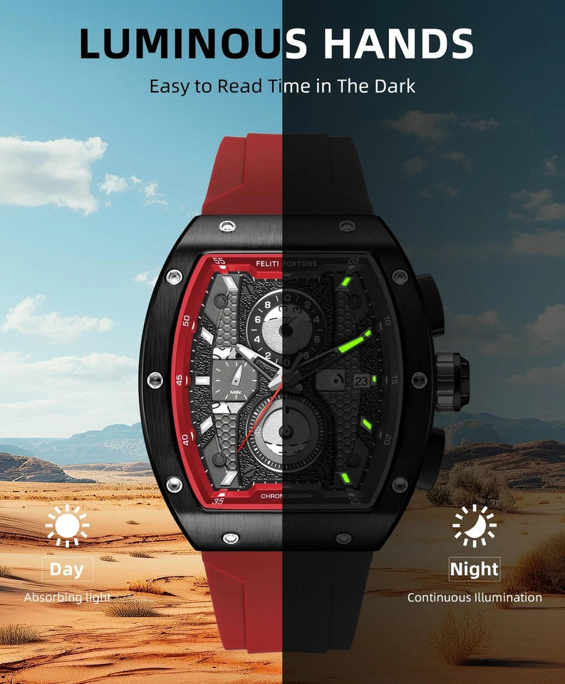 Reloj Deportivo FELITI FORTONS Tonneau 3ATM Cronógrafo Luminoso