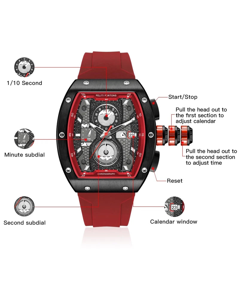 Reloj Deportivo FELITI FORTONS Tonneau 3ATM Cronógrafo Luminoso