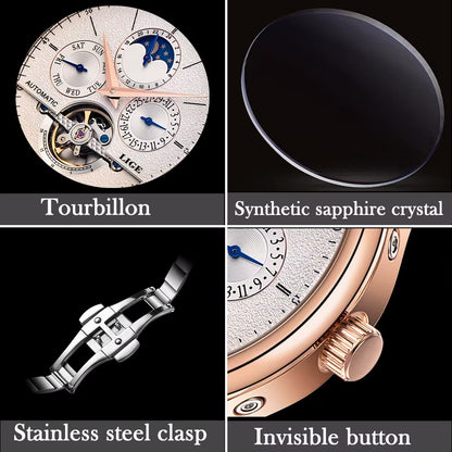 Relojes LIGE para hombre, Tourbillon, correa de cuero genuino, reloj impermeable