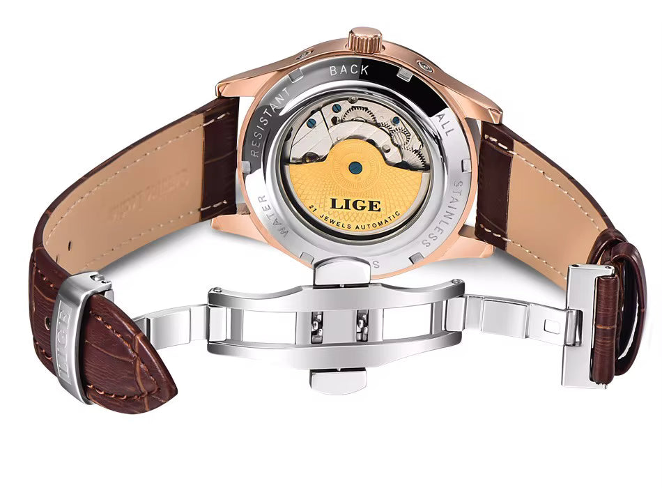 Relojes LIGE para hombre, Tourbillon, correa de cuero genuino, reloj impermeable