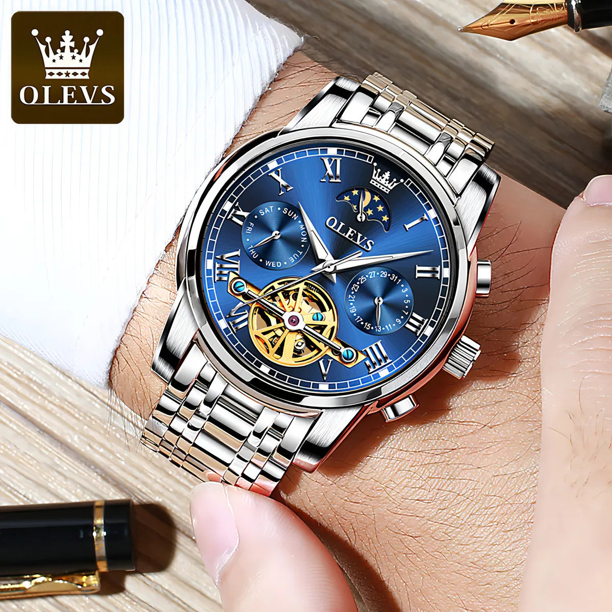 OLEVS Reloj Automático de Lujo con Diamantes Tourbillon de Acero Inoxidable Original