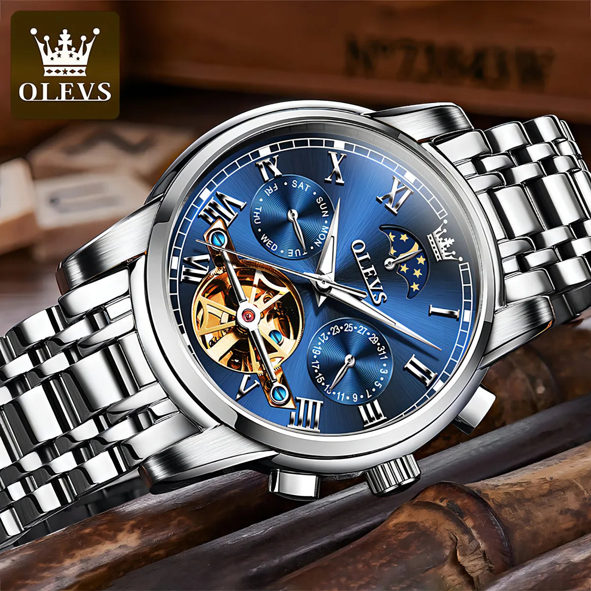 OLEVS Reloj Automático de Lujo con Diamantes Tourbillon de Acero Inoxidable Original