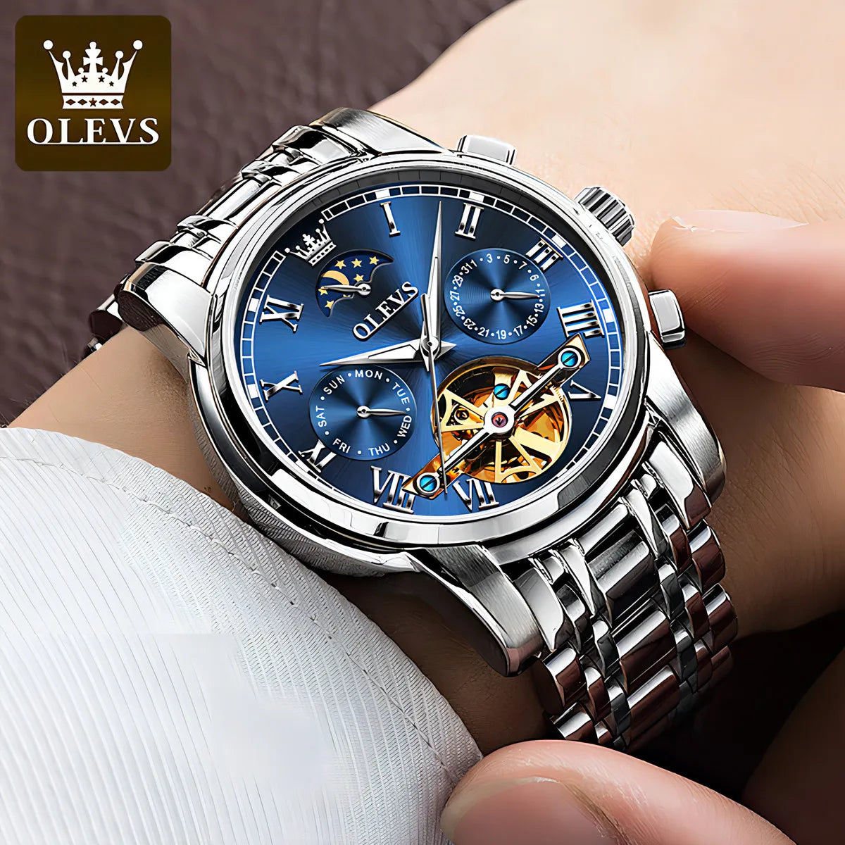OLEVS Reloj Automático de Lujo con Diamantes Tourbillon de Acero Inoxidable Original