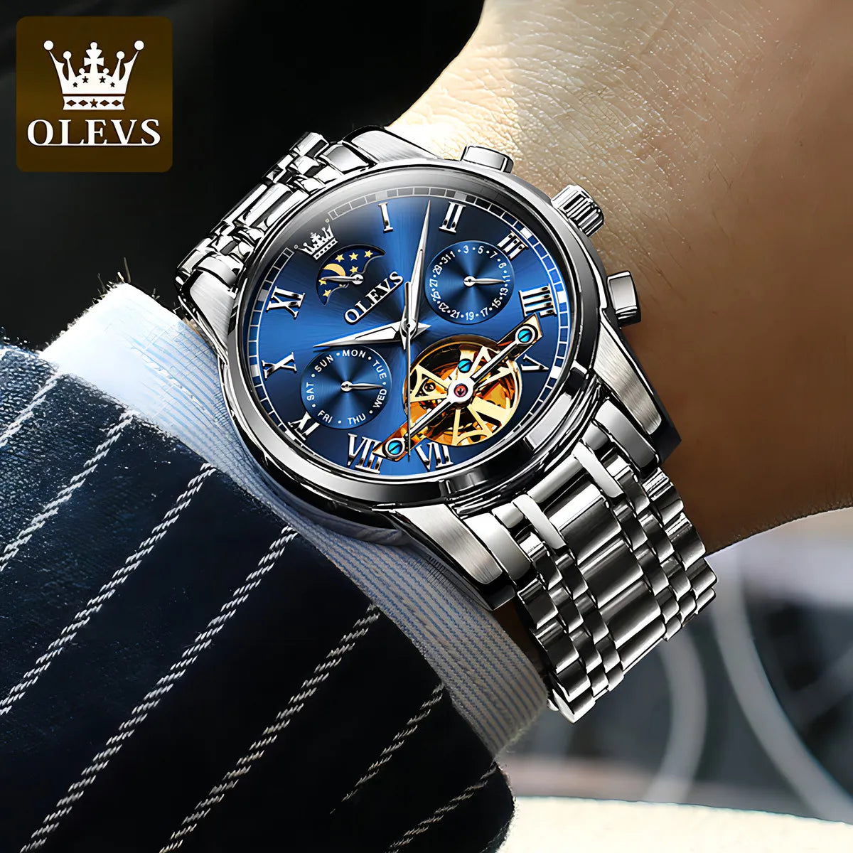 OLEVS Reloj Automático de Lujo con Diamantes Tourbillon de Acero Inoxidable Original